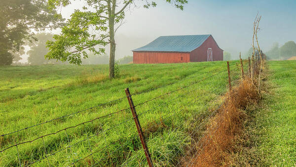 Barn Poster featuring the photograph First Light of a Foggy Morning by Marcy Wielfaert