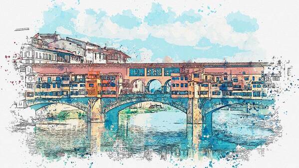Nature Poster featuring the painting Florence or Firenze, a view of the Arno River and the Ponte Vecchio Bridge, watercolor by Adam Asar by Celestial Images