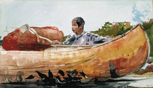 Winslow Homer Poster featuring the drawing Indian Boy with Canoe by Winslow Homer