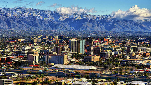 Tucson Poster featuring the photograph Snowy Mountains above Tucson Skyline by Chance Kafka