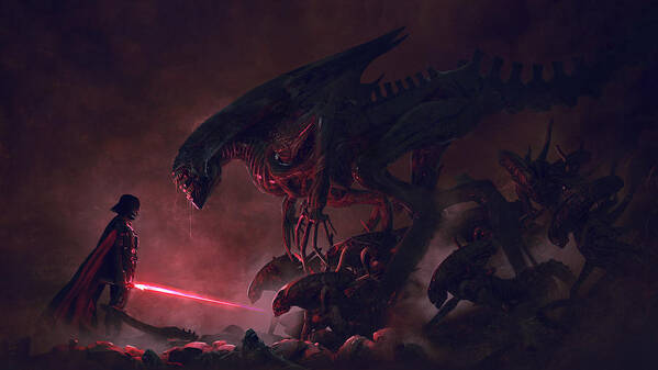 Star Wars Poster featuring the digital art Vader vs Aliens 1 by Guillem H Pongiluppi