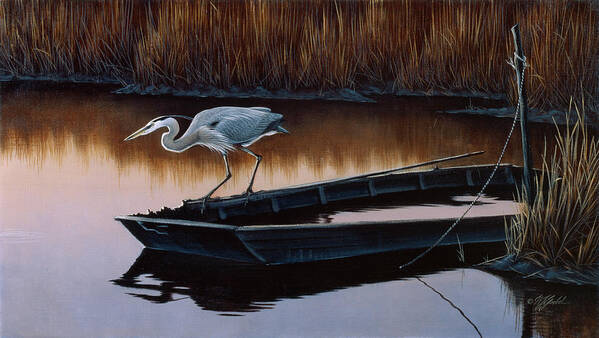 Great Blue Heron Perched On Boat Poster featuring the painting Vantage Point - Great Blue Heron by Wilhelm Goebel