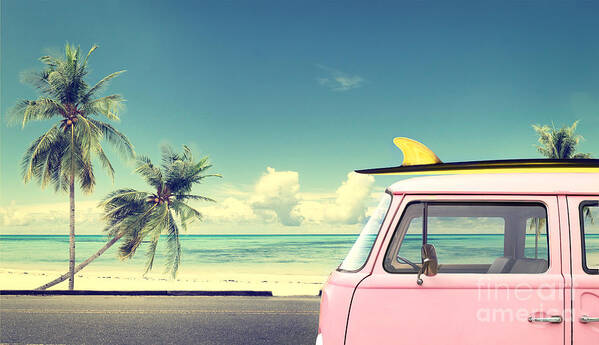 Pink Poster featuring the photograph Vintage Car In The Beach by Jakkapan