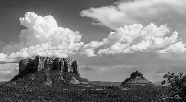 Red Rock Cliffs Sedona Arizona Fstop101 Landscape Sandstone Black And White Bell Rock Castle Rock Cumulus Poster featuring the photograph Castle Rock and Bell Rock #1 by Geno Lee