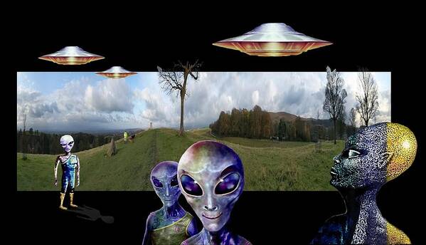 Visitors Poster featuring the digital art Alien Visitors by Hartmut Jager
