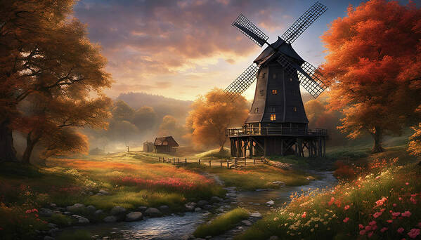 Windmill Poster featuring the mixed media 241pg-Fantastical old windmill and lake and garden-1545 by Donald Keith
