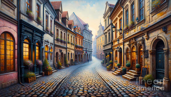 Historic Poster featuring the painting A historic cobblestoned street in Europe lined with quaint buildings by Jeff Creation