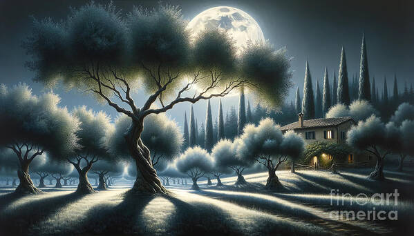 Olive Trees Poster featuring the painting A moonlit grove of olive trees, with a rustic farmhouse in the Italian countryside. by Jeff Creation