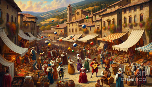 Renaissance-fair Poster featuring the painting A Renaissance fair in a Tuscan village, with jugglers, merchants, and musicians. by Jeff Creation
