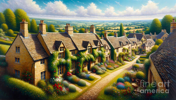 Panoramic Poster featuring the painting A rustic scene of vine-covered stone cottages in the Cotswolds, under a clear blue sky. by Jeff Creation