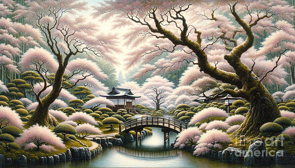 Japanese Garden Poster featuring the painting A traditional Japanese garden during cherry blossom season, with a footbridge and tea house. by Jeff Creation