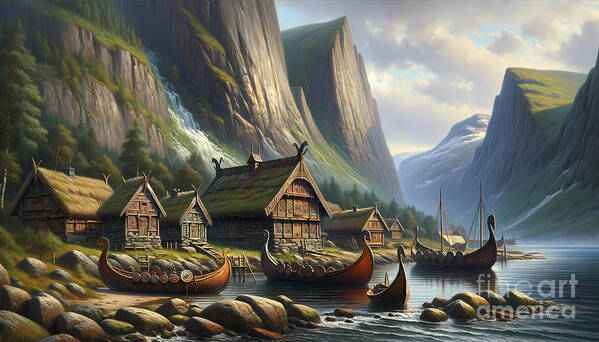 Norse Poster featuring the painting A traditional Norse village with Viking longboats and fjord cliffs by Jeff Creation