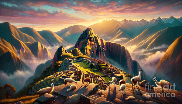 Machu-picchu Poster featuring the painting A view from the top of Machu Picchu at sunrise, with llamas grazing and the Andes in the distance by Jeff Creation