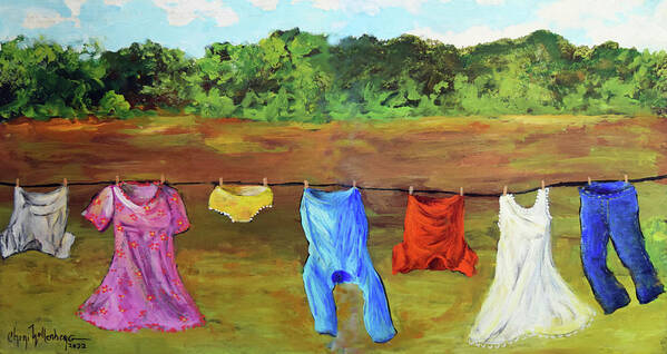 Laundry Poster featuring the painting A Windy Clothes Line in Oklahoma - An Original by Cheri Wollenberg 2022 by Cheri Wollenberg