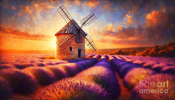 Provence Poster featuring the painting An old windmill on a lavender field in Provence, with a sunset backdrop. by Jeff Creation