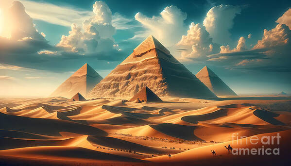 Pyramids Poster featuring the digital art Ancient Egyptian Pyramids, The Great Pyramids of Giza with a stunning desert backdrop by Jeff Creation