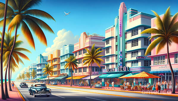 Art Deco Poster featuring the digital art Art Deco Miami Beach, Colorful Art Deco buildings along Miami Beach's Ocean Drive by Jeff Creation