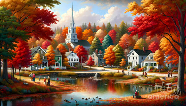 Autumn Poster featuring the digital art Autumn in New England, A picturesque scene of fall foliage in a quaint New England town by Jeff Creation