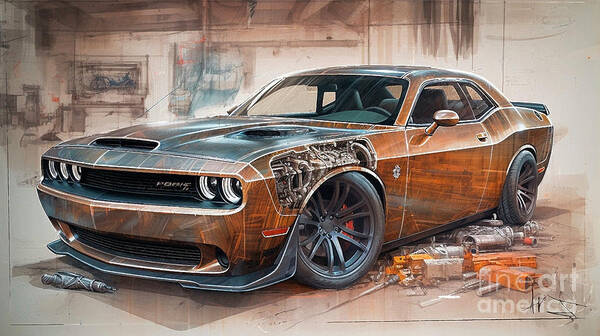 Dodge Poster featuring the drawing Car 1844 Dodge Challenger SRT Hellcat by Clark Leffler
