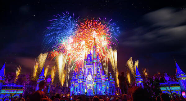 Magic Kingdom Poster featuring the photograph Cinderella Castle Fireworks Panorama by Mark Andrew Thomas
