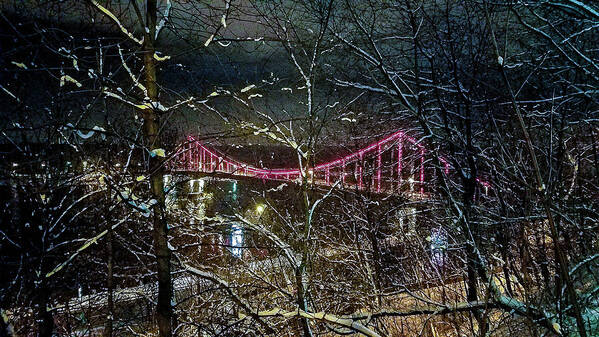 Colorful Bridge Kyiv Ukraine Red Snow Winter Poster featuring the photograph Colorful Bridge in Kyiv, Ukraine by David Morehead