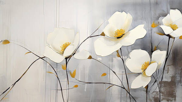 White Magnolia Art Poster featuring the painting Dance of Light and Shadow - Fragile Blossoms Art by Lourry Legarde