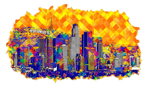 Los Angeles Poster featuring the digital art Downtown Los Angeles skyline with the Hollywood sign in the background - colorful digital painting by Nicko Prints