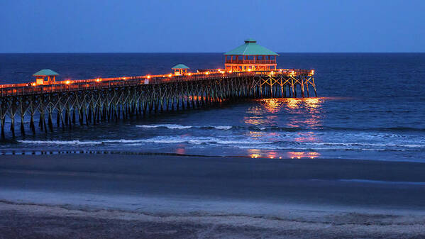 Blue Poster featuring the photograph Folly Beach at Blue Hour by Louis Dallara