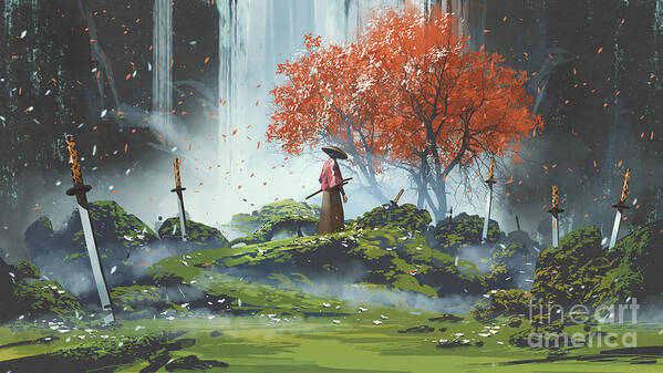 Illustration Poster featuring the painting Garden Of The Katana Swords by Tithi Luadthong