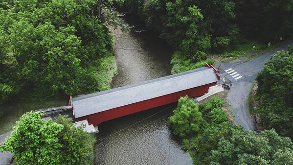 Covered Bridge Poster featuring the photograph Geiger Covered Bridge Summer Aerial by Jason Fink