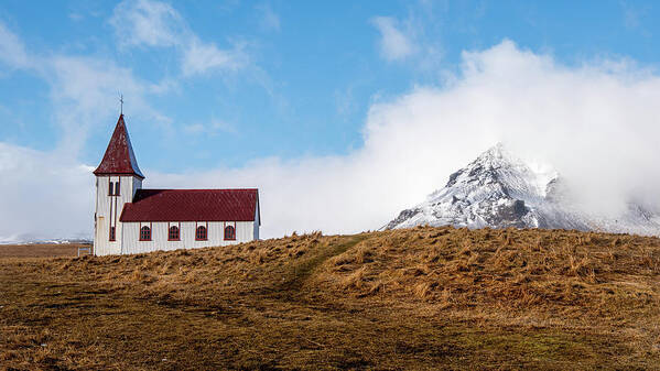 Iceland Poster featuring the photograph Hellnar church in Snaefellsnes peninsula of Western Iceland. by Michalakis Ppalis