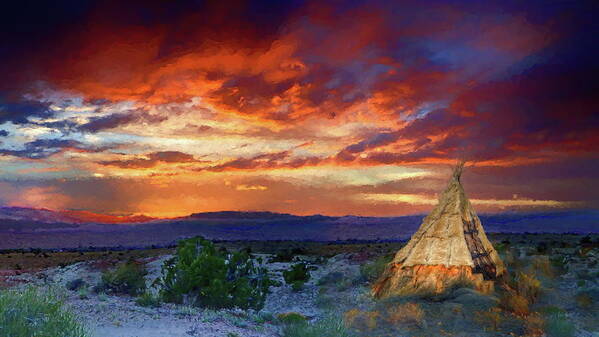 Tee Pee Poster featuring the digital art High Desert Indian Tee Pee at Sunset by Russ Harris