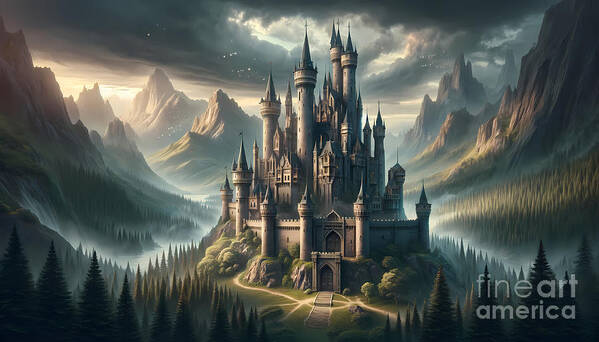 Castle Poster featuring the digital art Medieval Castle Fantasy, A grand castle surrounded by a mystical forest and mountains by Jeff Creation