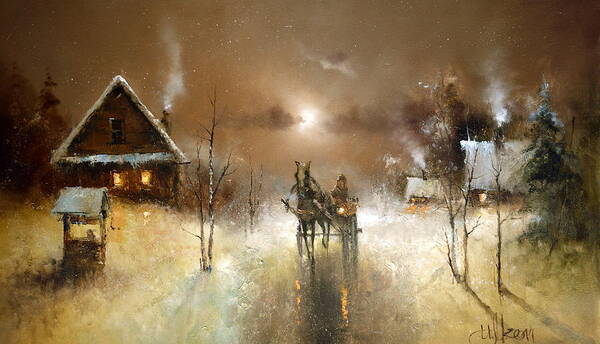 Russian Artists New Wave Poster featuring the painting Night Thaw in Winter Village by Igor Medvedev