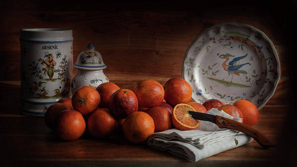 Old Master Poster featuring the photograph Old Maestra Blood Oranges and French Faience Pottery by Jean Gill