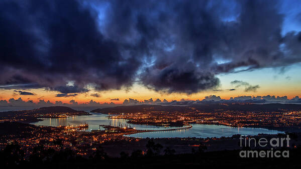Port Poster featuring the photograph Panoramic View of Ferrol Estuary with Bridge and Shipyards Stormy Sky at Dusk La Corua Galicia by Pablo Avanzini