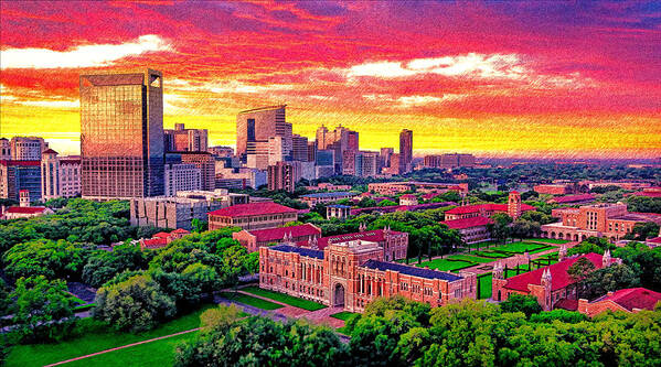 Rice University Poster featuring the digital art Rice University campus with the Texas Medical Center seen in the distance at sunset, in Houston by Nicko Prints