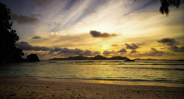 Background Poster featuring the photograph Sunset in La Digue Seychelles Islands by Jean-Luc Farges