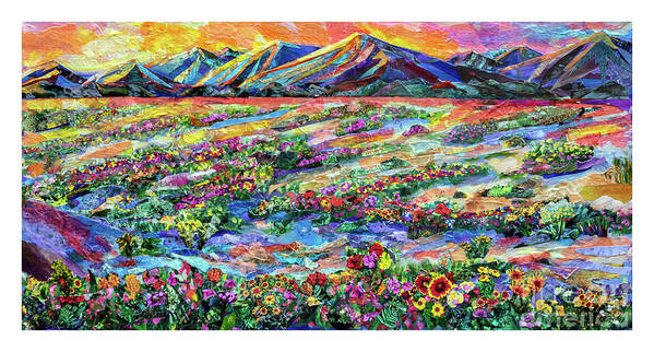 Collage Torn Paper Papers Torn-magazines Paper Mixed Media Colorful Desert Landscape High-desert Mojave Death Valley Death-valley Flower Flowers Deserts Mountain Mountainscollages Analog-collage Analog Poster featuring the mixed media Superbloom by Li Newton