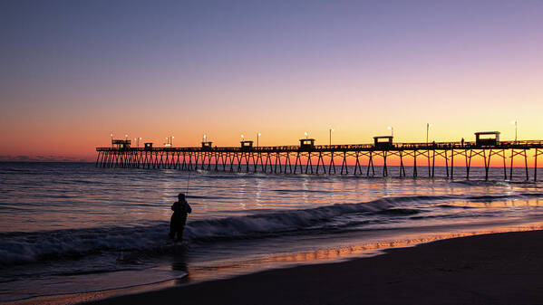 Surf Fishing Poster featuring the photograph Surf Fisherman and Bogue Inlet Pier at Sunset by Bob Decker