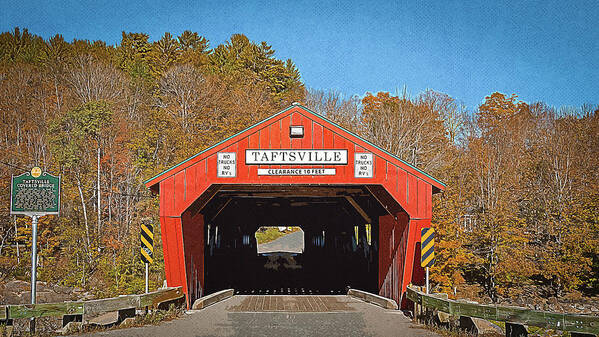 Taftsville Covered Bridge Vermont Poster featuring the digital art Taftsville Covered Bridge Retro Style by Dan Sproul