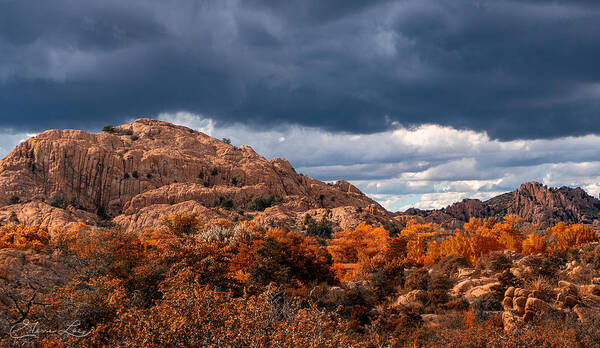 Fall Colors Granite Dells Boulders Water Lake Revivor Fstop101 Prescott Arizona Red Blue Colorful Rock Dark Clouds Summer Monsoon Storm Poster featuring the photograph The Granite Dells Bathed in Fall Colors by Geno