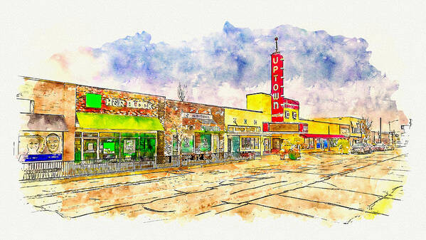 Uptown Theatre Poster featuring the digital art The historic Uptown Theatre in downtown Grand Prairie, Texas - pen sketch and watercolor by Nicko Prints