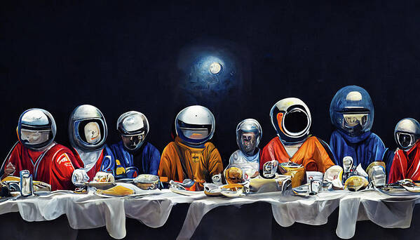 Last Supper Poster featuring the digital art The last supper 01 astronauts eating their food by Matthias Hauser