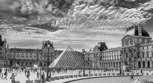 Louvre Pyramid Poster featuring the photograph The Louvre, A Black and White Panorama by Marcy Wielfaert