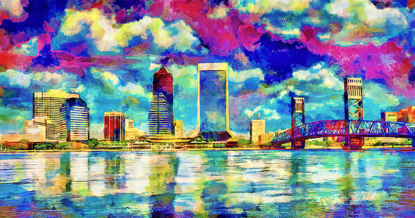 Downtown Jacksonville Poster featuring the digital art The waterfront of downtown Jacksonville, Florida - colorful painting by Nicko Prints