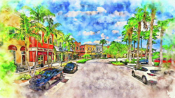 Tradition Square Poster featuring the digital art Tradition Square in Port St. Lucie, Florida - pen and watercolor by Nicko Prints