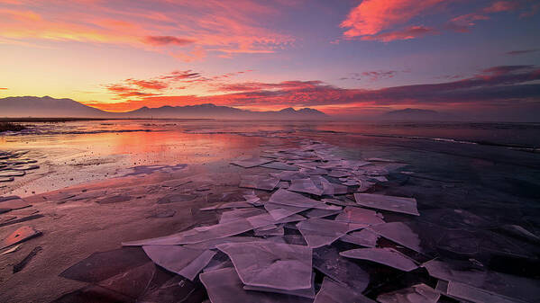 Utah Lake Poster featuring the photograph Utah Lake Ice Sunrise by Wesley Aston