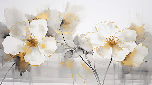 Yellow And Gray Poster featuring the painting White and Gray Florals Painting by Lourry Legarde