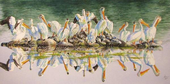 Pelican Poster featuring the painting Standing Room Only #2 by Greg and Linda Halom